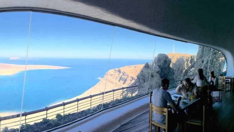 Panoramic views to La Graciosa island from the glass window at Mirador del Rio in Lanzarote