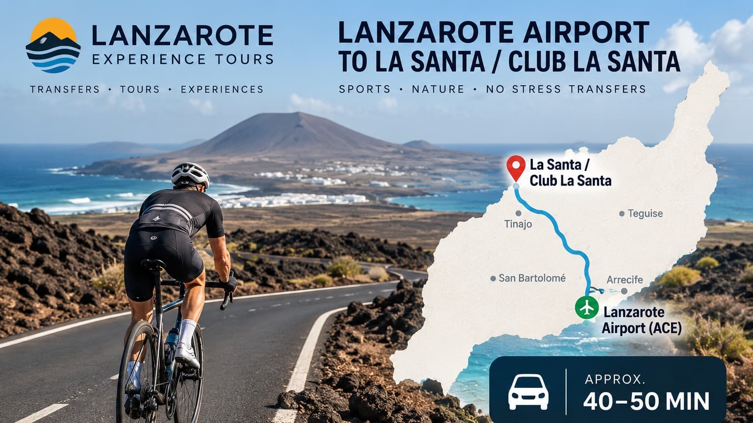 Transfer vom Flughafen Lanzarote nach La Santa und Club La Santa – Fahrzeit ca. 40 bis 50 Minuten