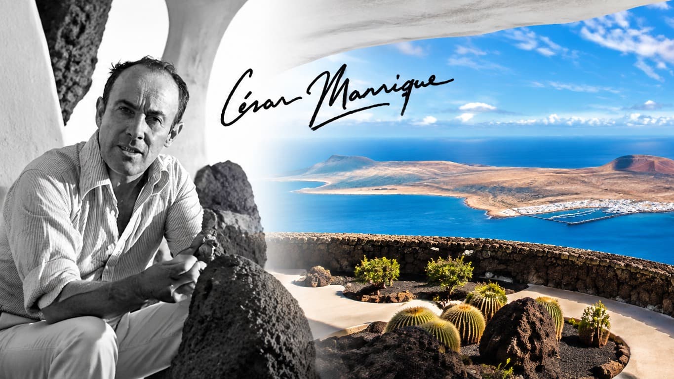 Vistas panorámicas a la isla de La Graciosa desde el ventanal circular del Mirador del Río en Lanzarote