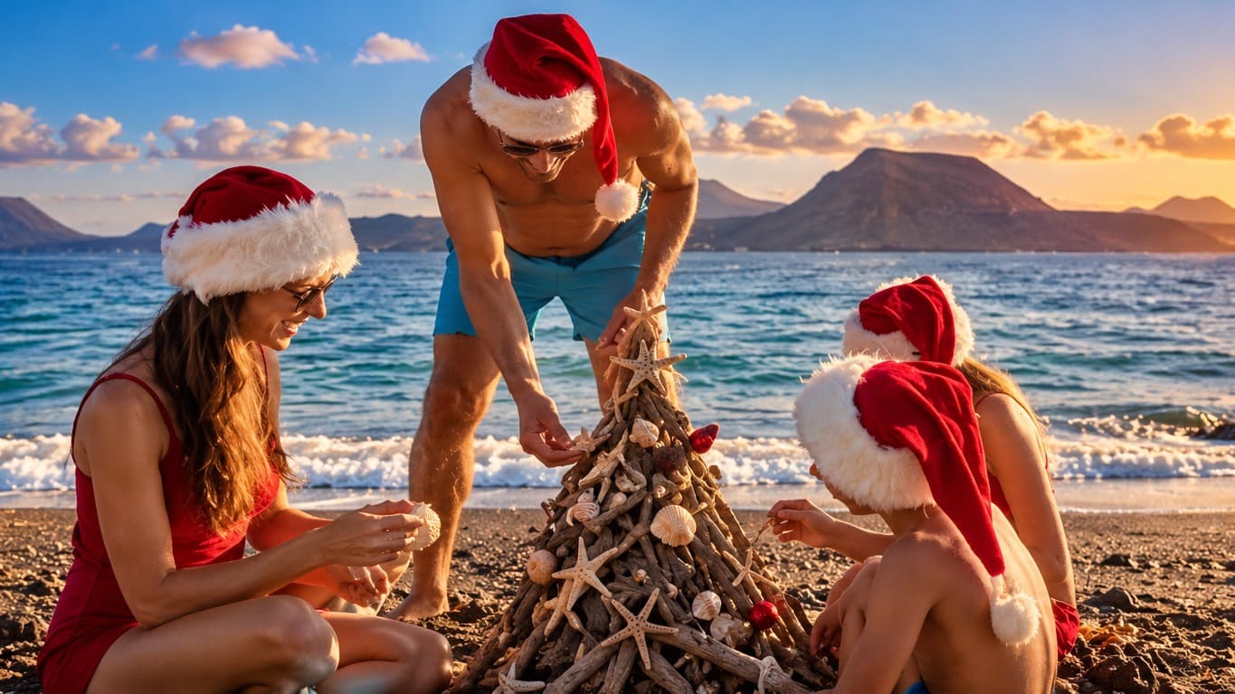 Familia disfrutando en navidad en la playa